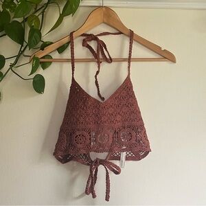 Free People Crochet Tie-Back Halter Cami Crop Top Bralette Dusty Rose Rust S